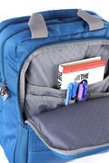 Black convertible backpack with multiple compartments and padded straps for comfort.