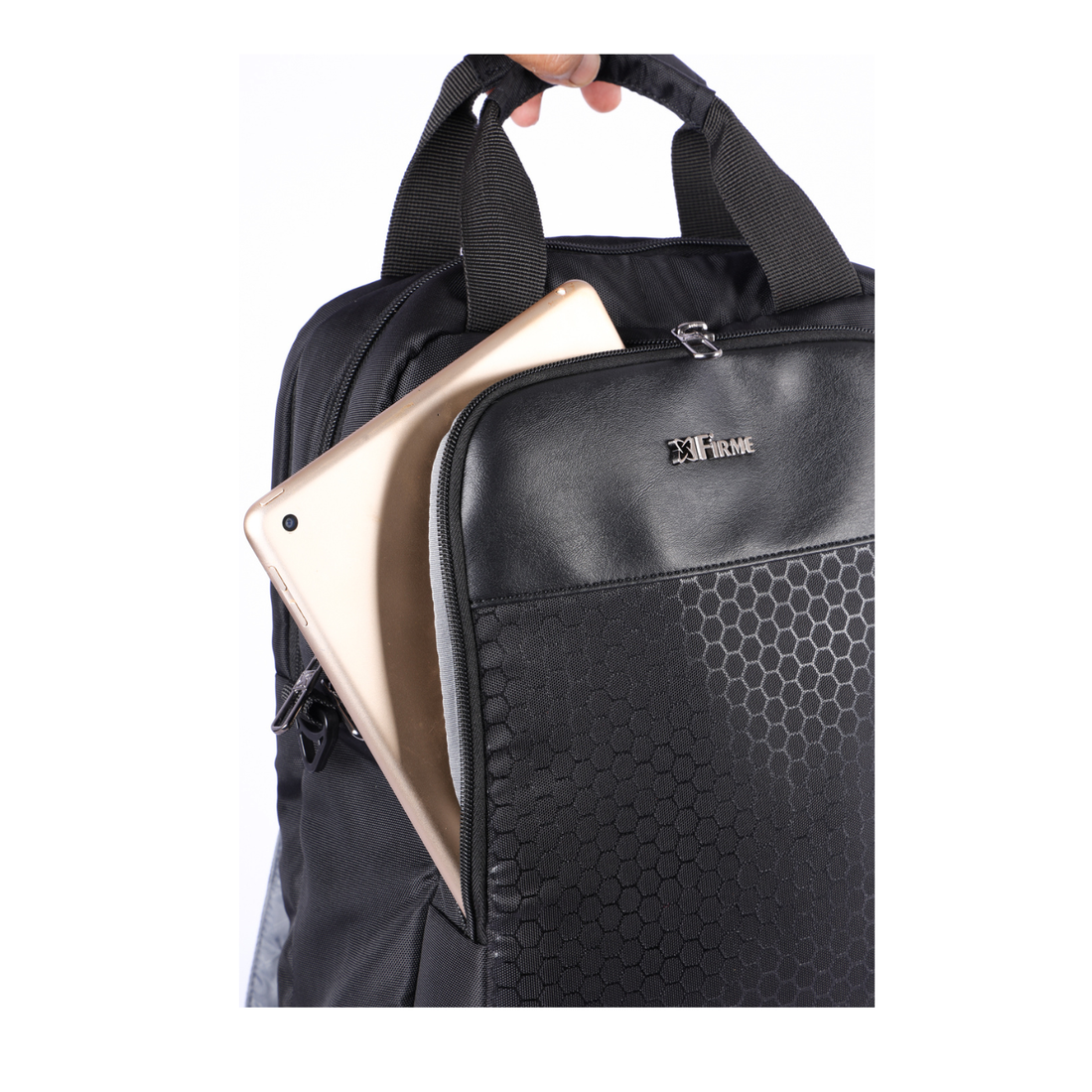 Black convertible backpack with multiple compartments and padded straps for comfort.