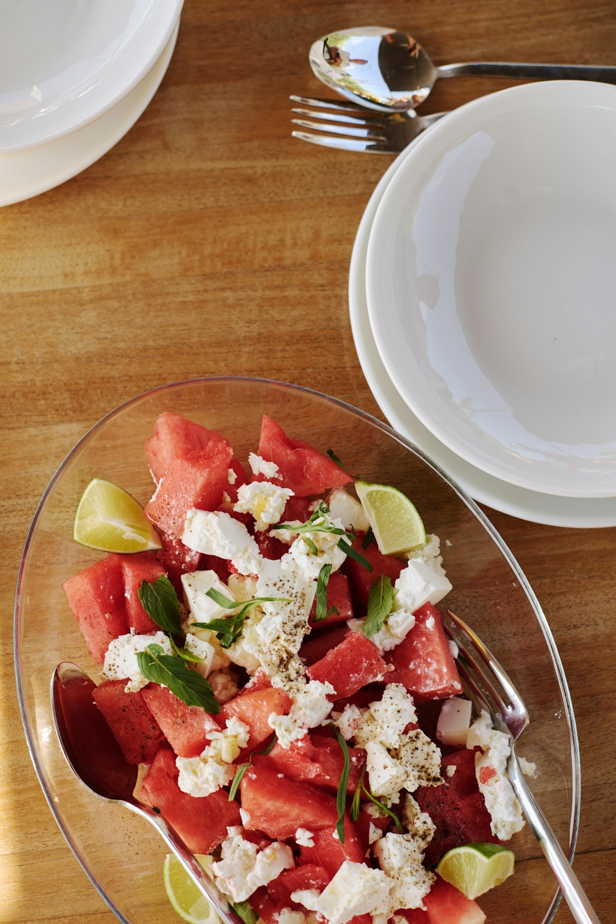 Watermelon salad with feta, ready to serve.