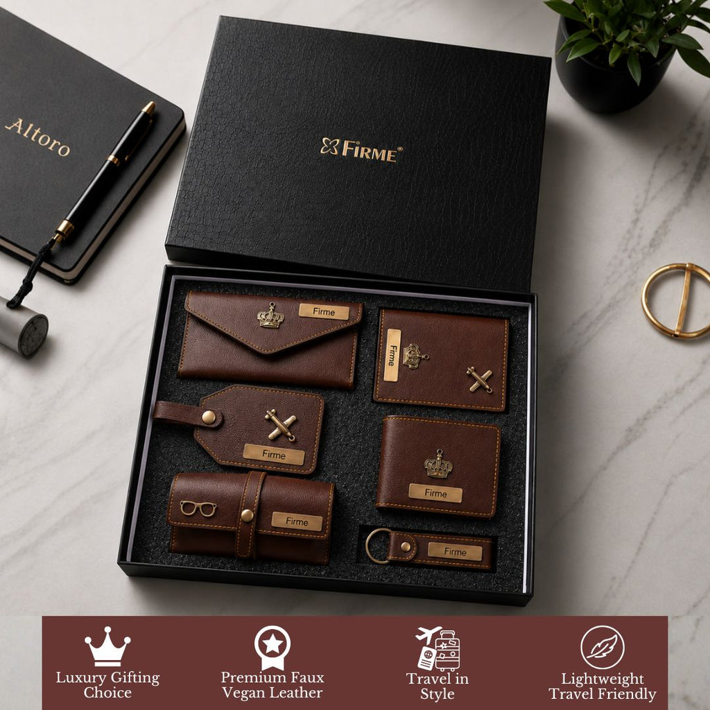 The Signature Gift Combo Set of Six – Premium Faux Vegan Leather Travel Essentials (Personalised Name Available)