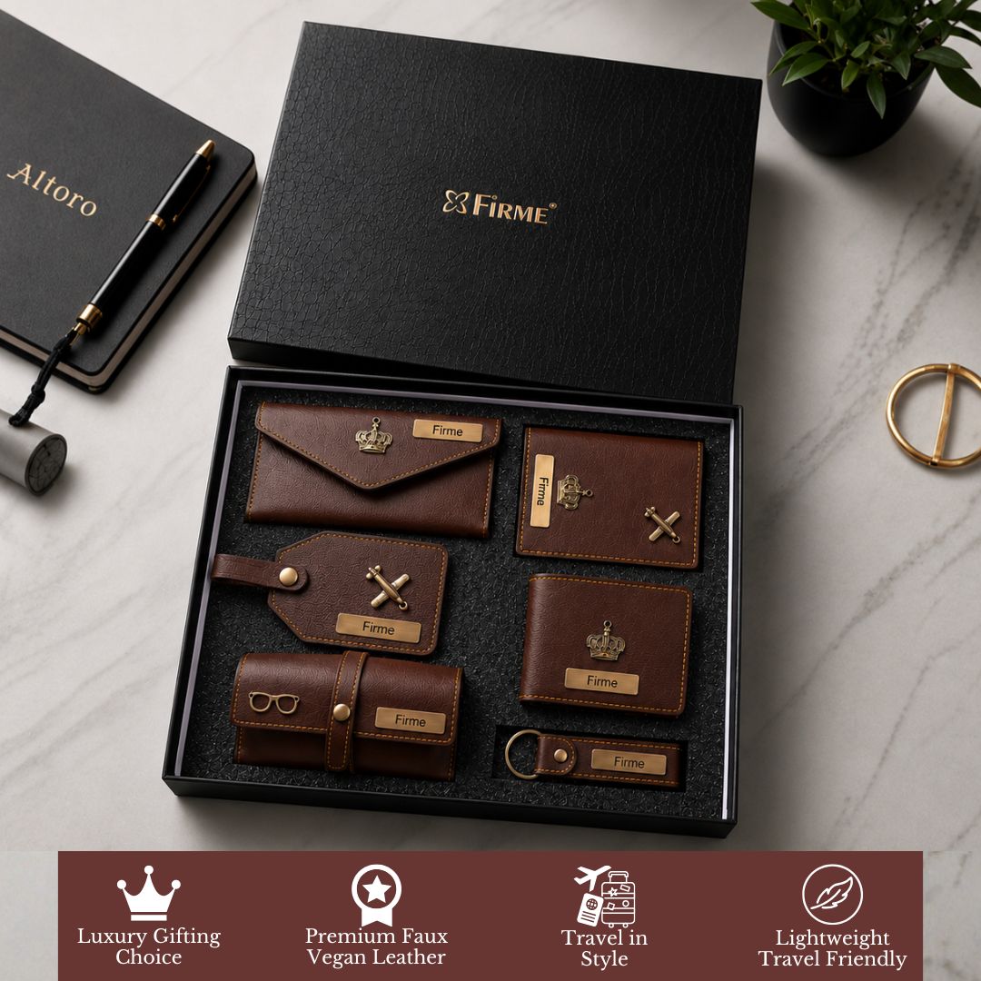 The Signature Gift Combo Set of Six – Premium Faux Vegan Leather Travel Essentials (Personalised Name Available)