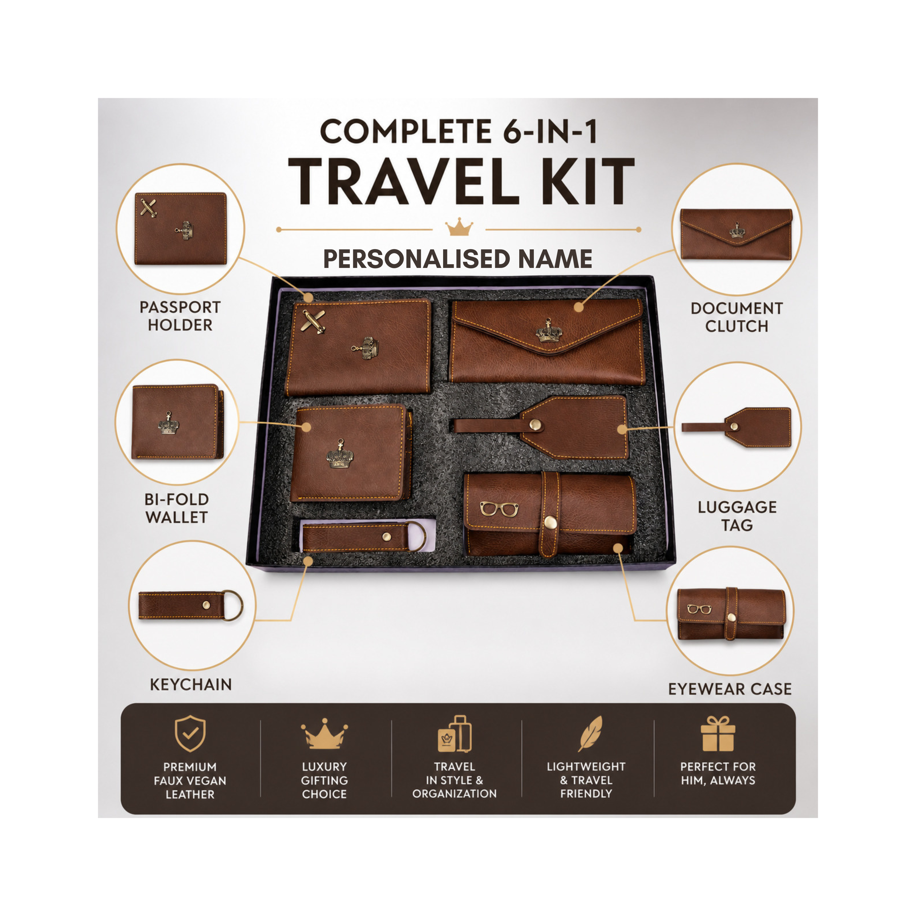 The Signature Gift Combo Set of Six – Premium Faux Vegan Leather Travel Essentials (Personalised Name Available)