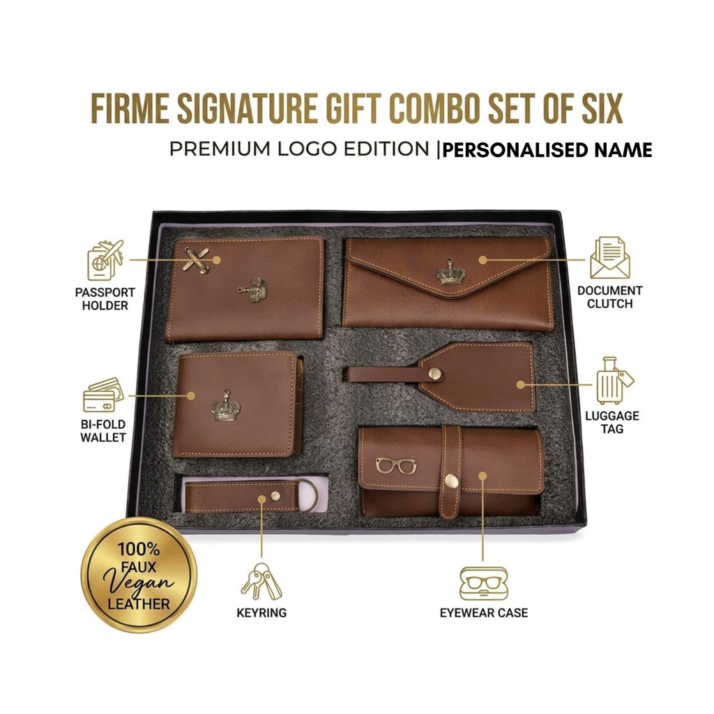 The Signature Gift Combo Set of Six – Premium Faux Vegan Leather Travel Essentials (Personalised Name Available)