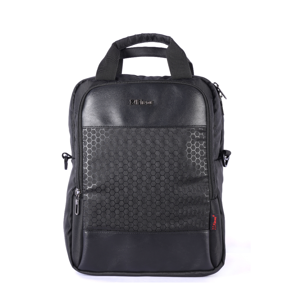 Black convertible backpack with multiple compartments and padded straps for comfort.