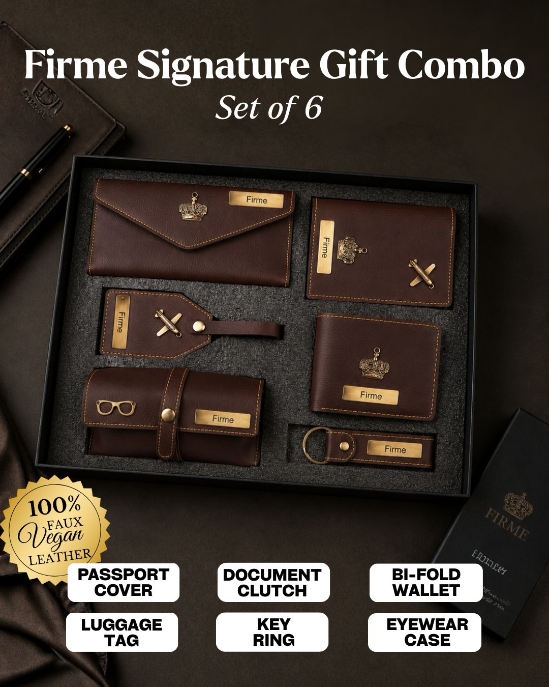 The Signature Gift Combo Set of Six – Premium Faux Vegan Leather Travel Essentials (Personalised Name Available)