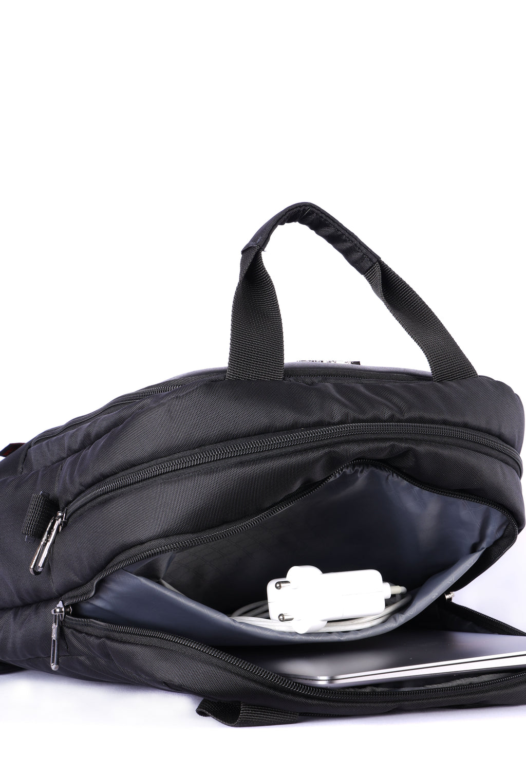 Black convertible backpack with multiple compartments for office use.