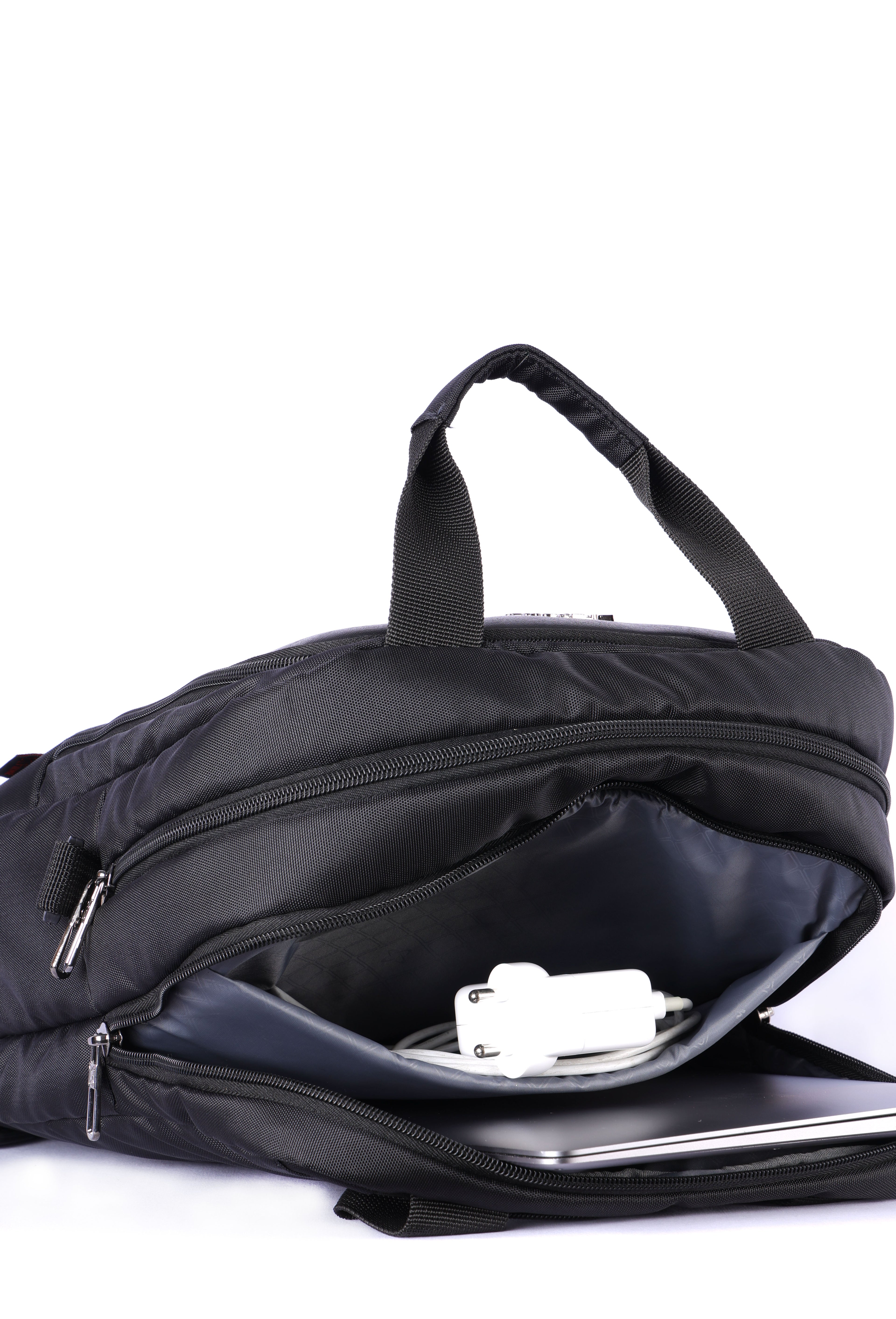 Black convertible backpack with multiple compartments for office use.